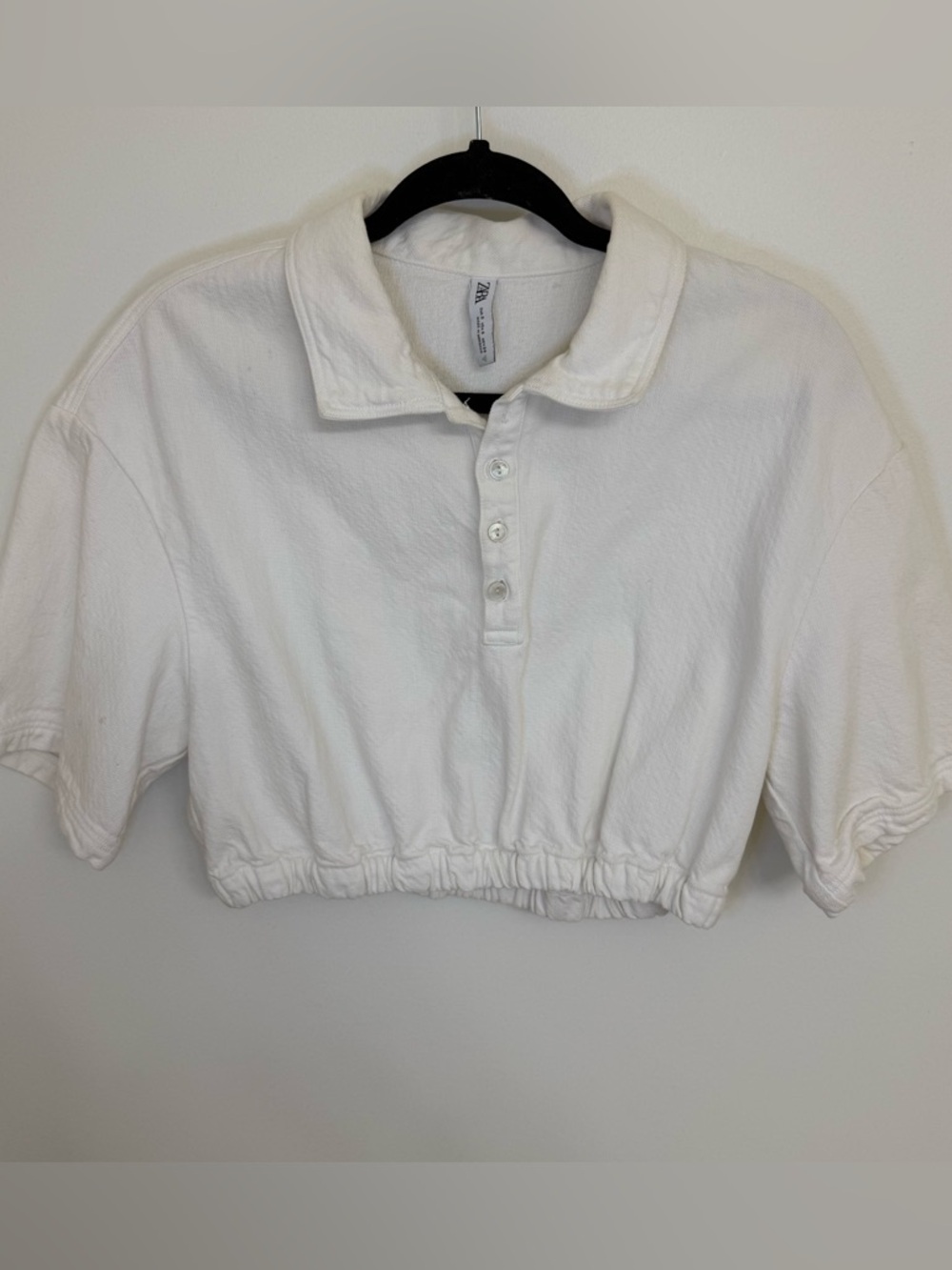 Zara Womens  White Cropped Polo with Elastic Hem Size Small #109